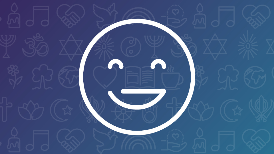 white outline image of a laughing face on a gradient blue background with religious and wellbeing symbols